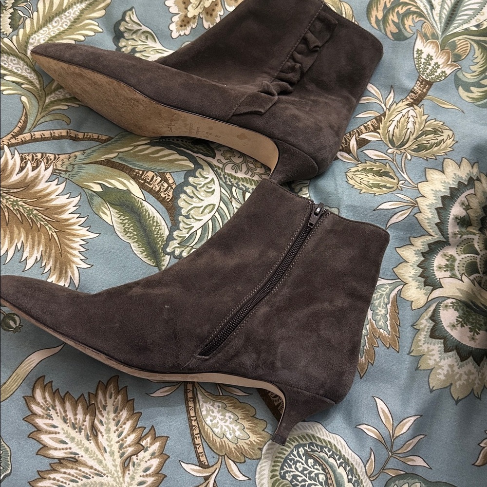 Brown suede ankle boots with kitten heel